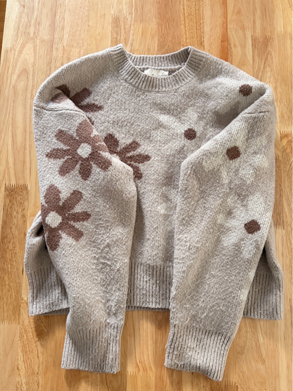 Cream Floral Crewneck Sweater with Brown Daisy Accents